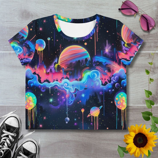 Women's all over print cropped t-shirt. Neon galaxies with dripping planets