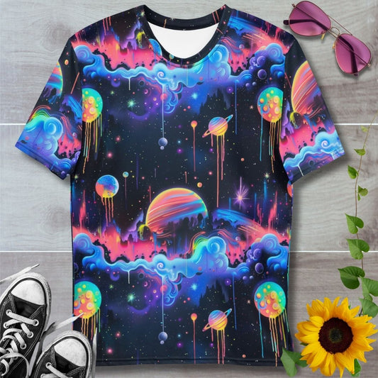 Men's all over print t-shirt. cosmic space theme, fluorescent blue clouds surrounding planets hanging in the black atmosphere of space