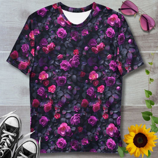 Mens all over print t-shirt. Gothic pink and purple roses pattern with black leaves