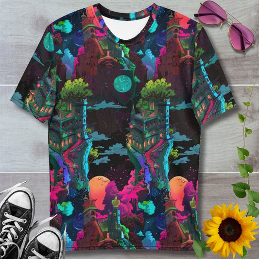 Men's all over print t-shirt. Dark fantasy themed haunted castles 