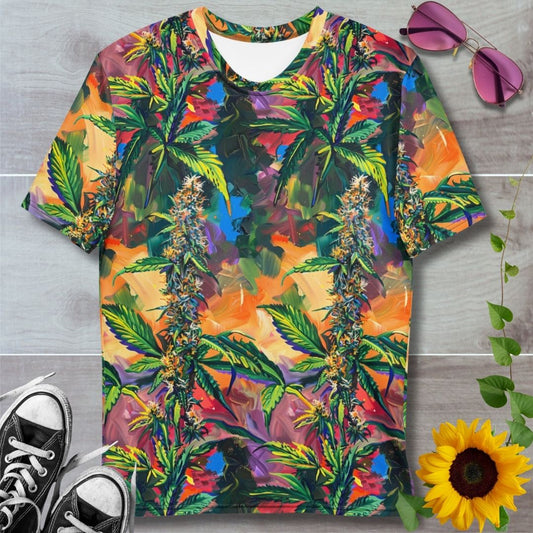 Men's all over print t-shirt. brush stroke style orange and purple background with plant buds pattern in foreground