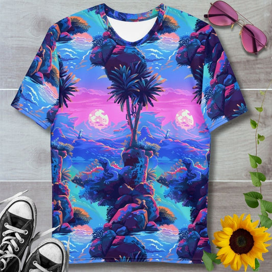 Men's all over print t-shirt. Light blues and purple sky, Komodo dragon creature hiding in rocks trailing through a river