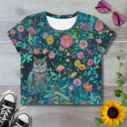 Women's all over print cropped t-shirt. Watercolor pencil style graphics, owl amongst floral pattern