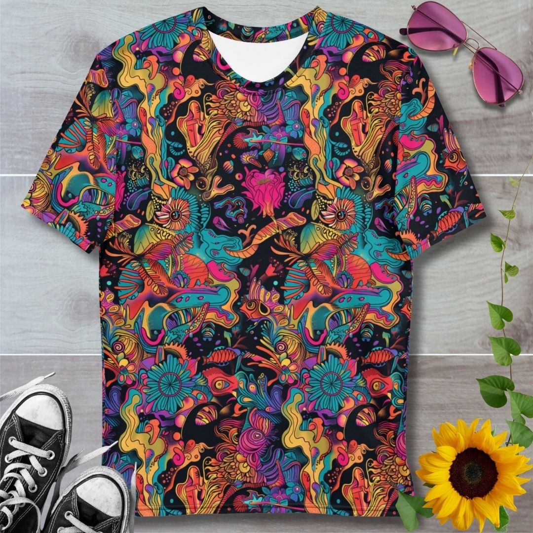 Men's all over print t-shirt. Psychedelic patterns in blues, yellows and reds