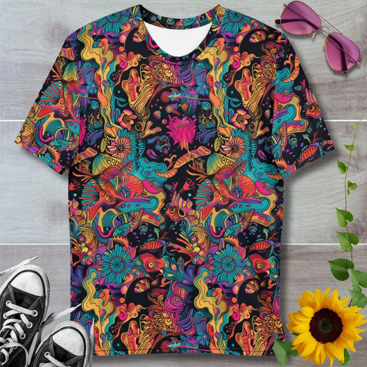 Men's all over print t-shirt. Psychedelic patterns in blues, yellows and reds