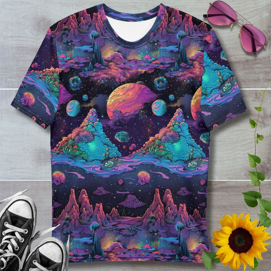 Men's all over print t-shirt. Space fantasy theme, plants and rock formations 