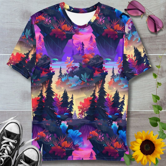 Men's all over print t-shirt. Fantasy forest of trees with blue and red foliage and eerie yellow mist