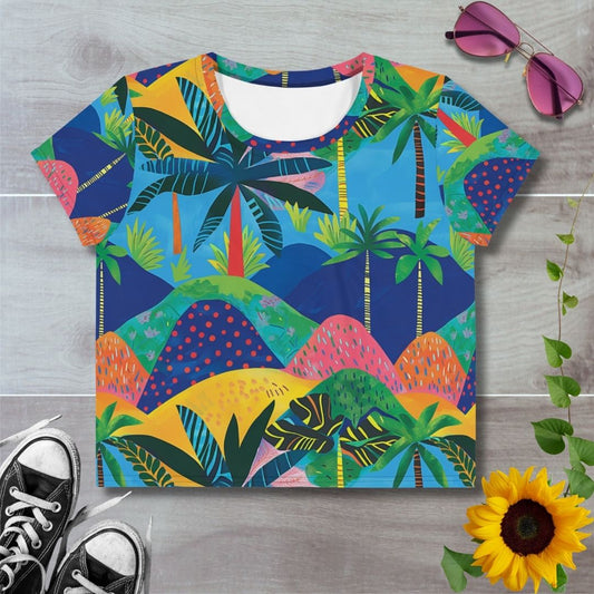 Women's all over print cropped t-shirt. Colorful hills and palm trees