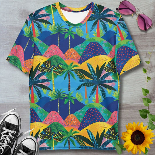 Men's all over print t-shirt. Laid back island vibes, colorful hills and palm trees in blues, yellows and greens