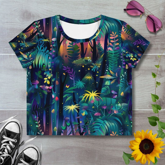 Women's all over print cropped t-shirt. Fantasy jungle oasis design