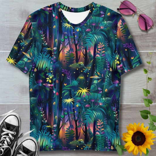 Men's all over print t-shirt. Pattern of jungle leaves and trees