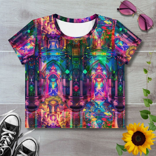 Women's all over print cropped t-shirt. Psychedelic rainbow kaleidoscopic patterns in the style of stained glass