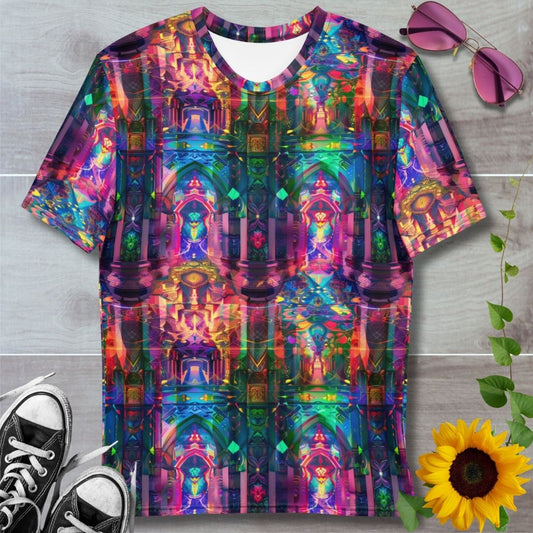Men's all over print t-shirt. Colorful kaleidoscopic patterns like stained glass