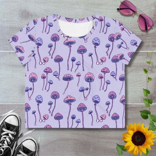 Women's all over print cropped t-shirt. Lilac with pink and purple mushrooms