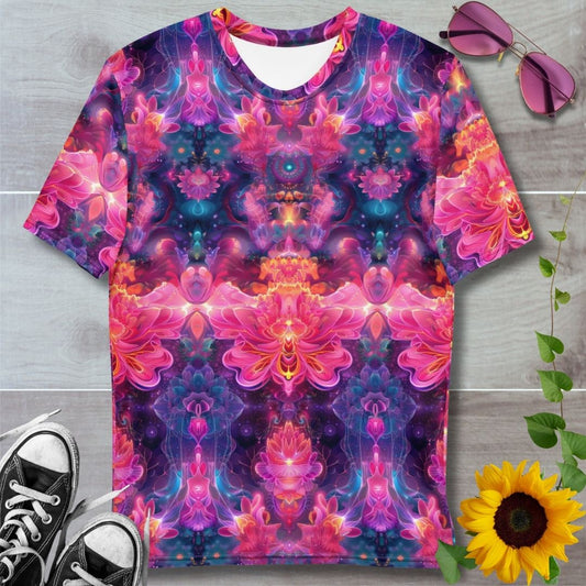 Men's all over print t-shirt. Floating pink lotus pattern with ethereal blue light 