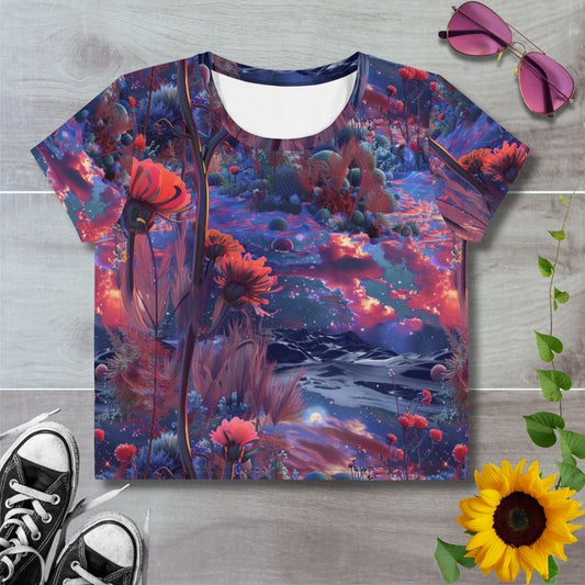 Women's all over print cropped t-shirt. Red poppies in a lunar landscape