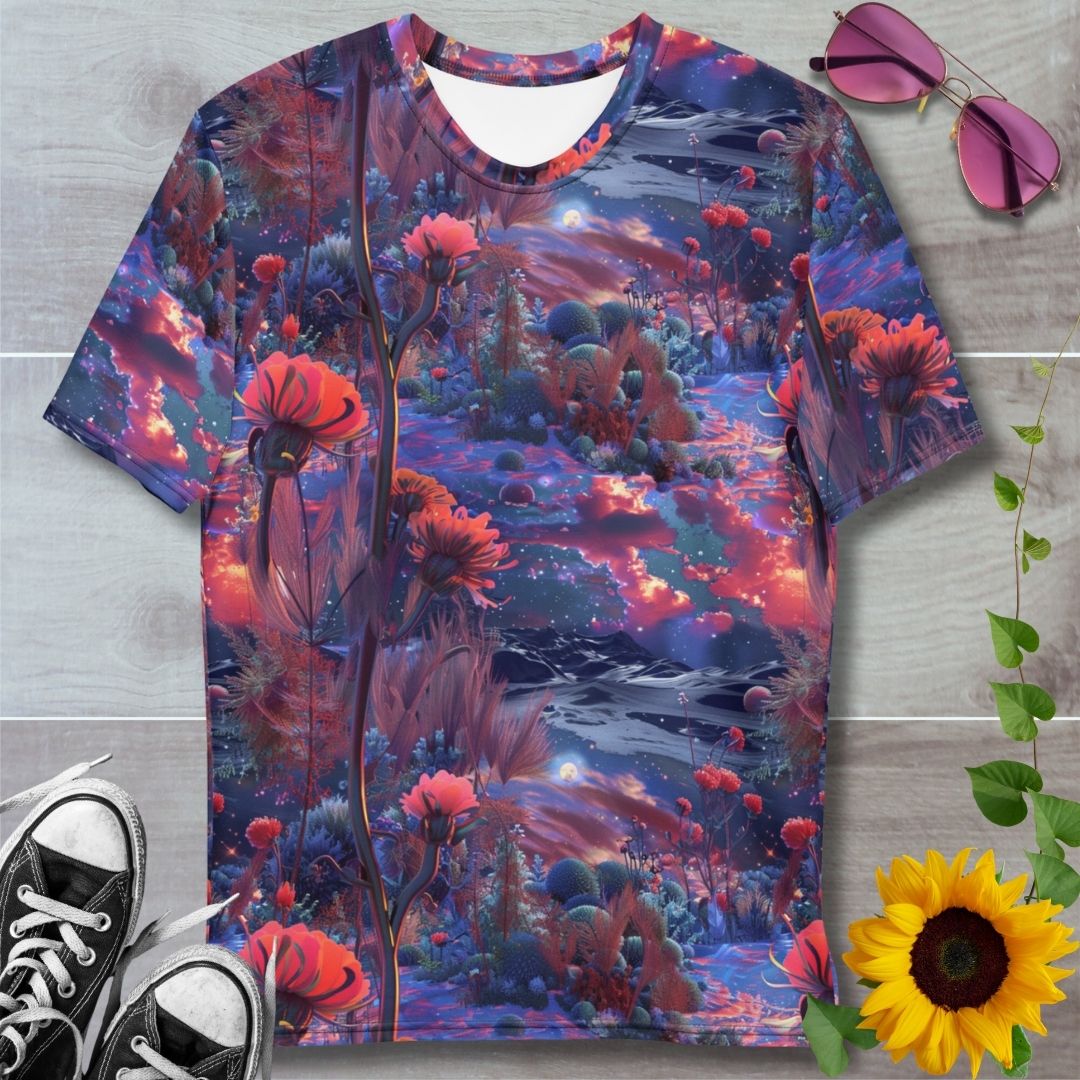 Men's all over print t-shirt. Red poppies on ethereal blue background