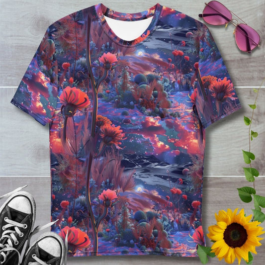 Men's all over print t-shirt. Red poppies on ethereal blue background