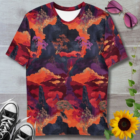 Men's all over print t-shirt. Crimson and charcoal larva and volcano pattern
