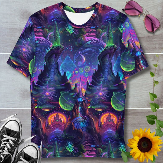 Men's all over print t-shirt. Space fantasy themed graphics depicting glowing green planets, towers, castles and portals