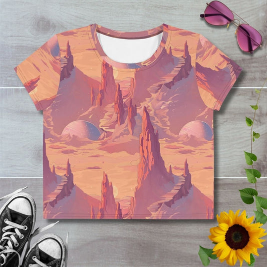 Women's all over print cropped t-shirt. Peach colored sci-fi, space, martian planet