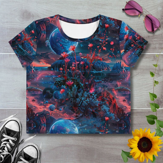 Women's all over print cropped t-shirt. Blue moon over midnight field of crimson flowers
