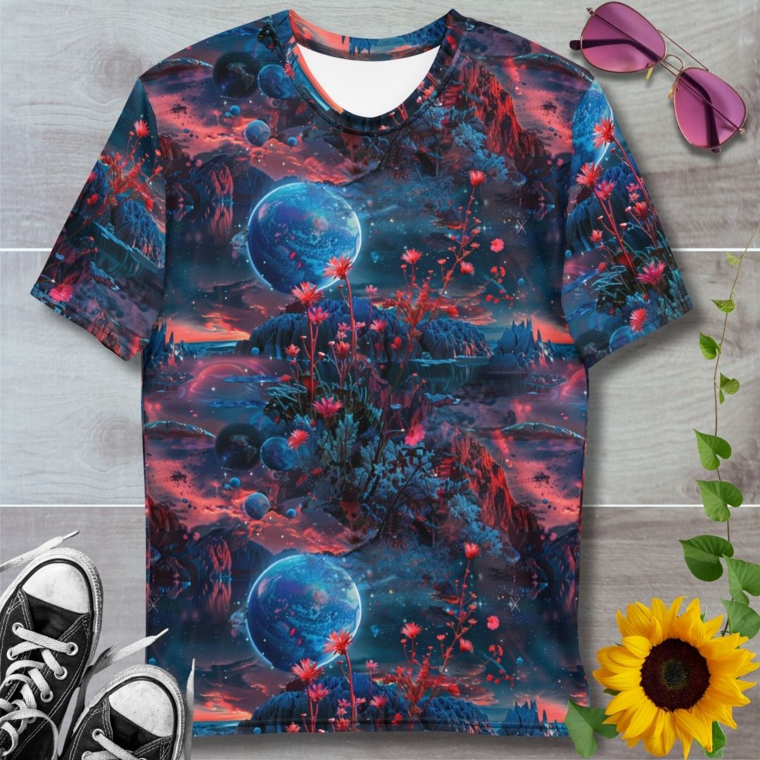 Men's all over print t-shirt. Crimson and blue atmospheric planet, delicate crimson flowers lit by a blue moon
