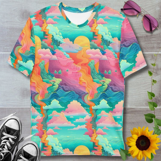 Men's all over print t-shirt. Abstract minty skies with orange, pinks and blues waves and clouds