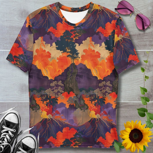 Men's all over print t-shirt. Purple volcanoes with orange larva eruptions