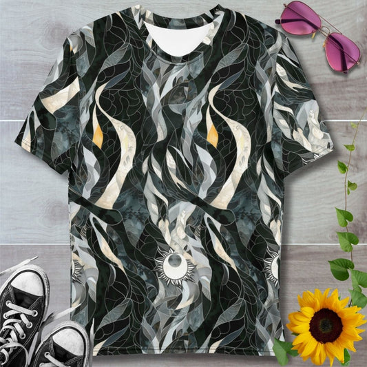 Men's all over print t-shirt. Black, white cream and grey stained glass patterns with crescent moon / sun symbol