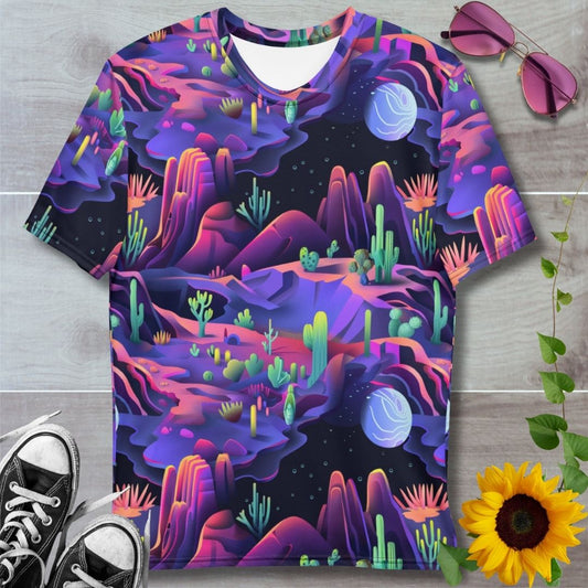 Men's all over print t-shirt. Purple desert landscape against black starry night with green cacti