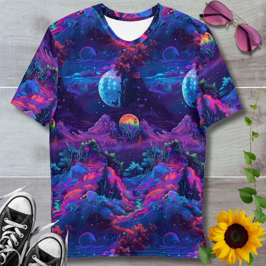 Men's all over print t-shirt.  Pink, purple and blue moonlit valley