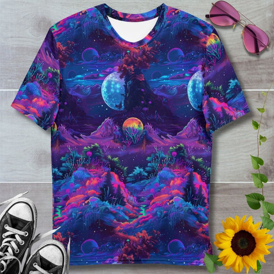 Men's all over print t-shirt.  Pink, purple and blue moonlit valley
