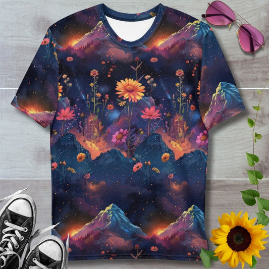 Men's all over print t-shirt. Mountain tops with blooming flowers