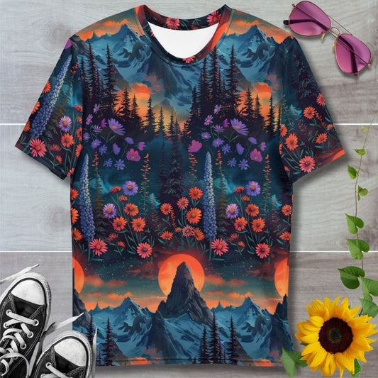 Men's all over print t-shirt. Sunrise above mountain peaks, wildflowers and forests tower in the background