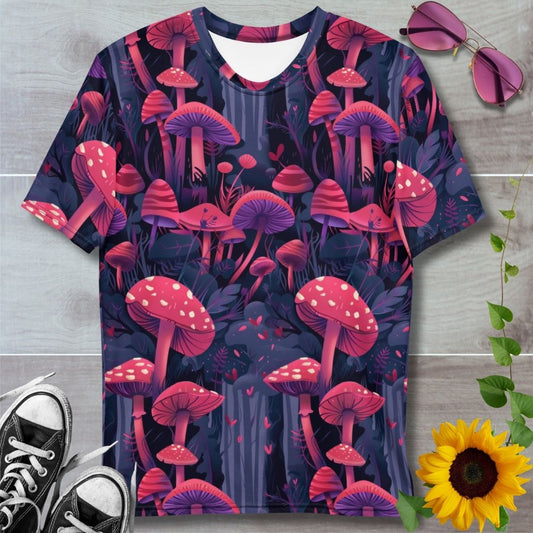 Men's all over print t-shirt. Pink mushrooms in deep purple forest
