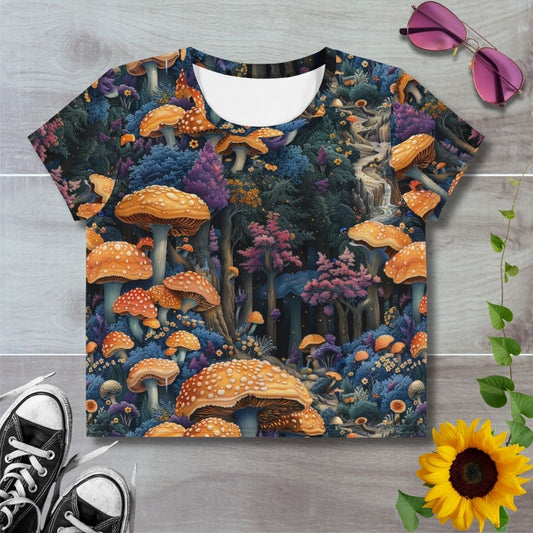 Women's all over print cropped t-shirt. Mushroom grove