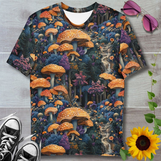 Men's all over print t-shirt. Giant orange mushrooms amongst blue and purple trees