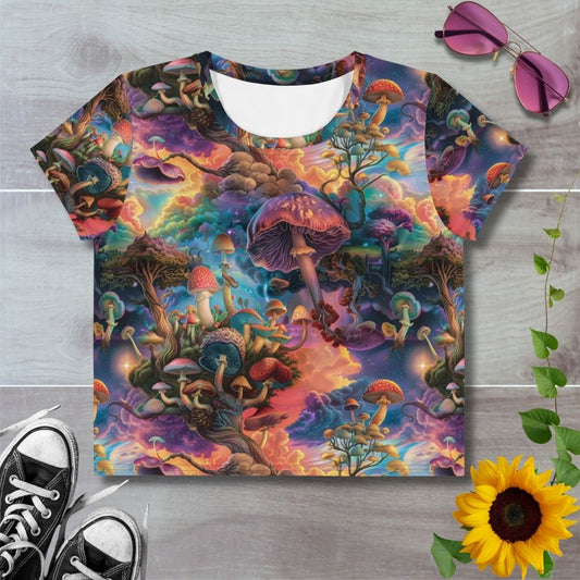 Women's all over print cropped t-shirt. Psychedelic patches of mushrooms