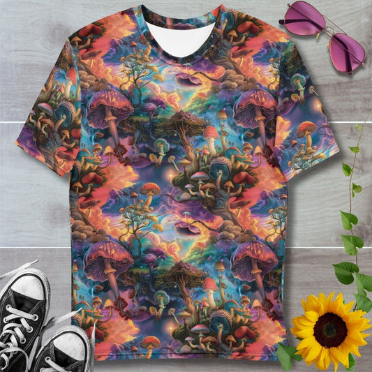Men's all over print t-shirt. Psychedelic pattern of floating mushrooms