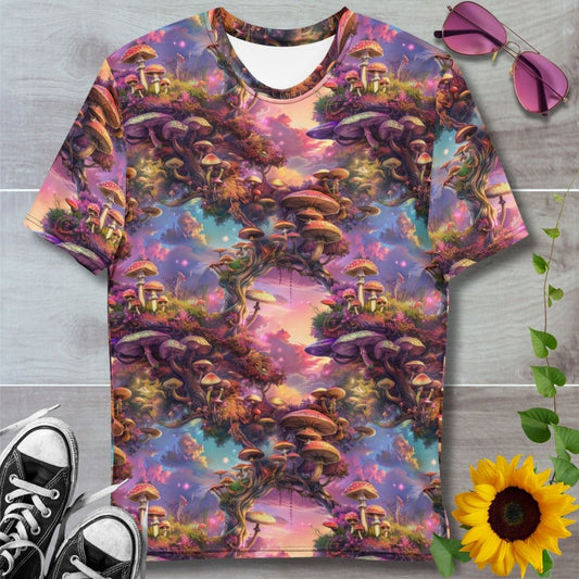 Men's all over print t-shirt. Helix pattern of mushrooms on soft pink and purple background