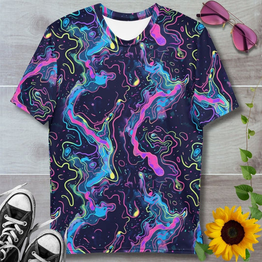 Men's all over print t-shirt. Neon pink and blue electric swirls