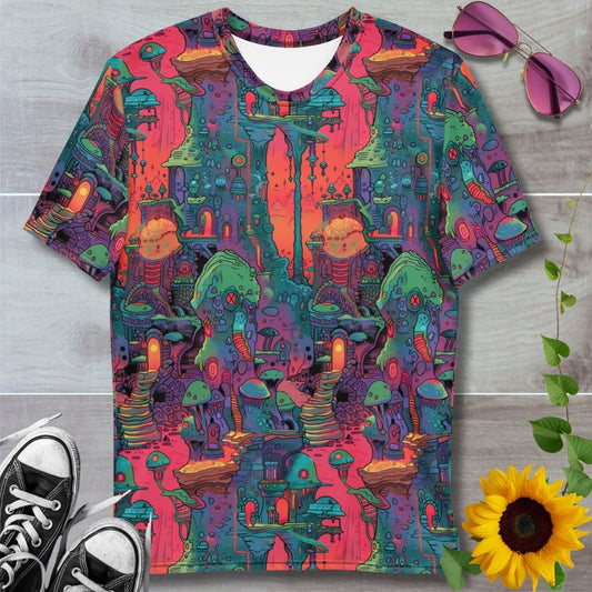 Men's all over print t-shirt. Alien fantasy treetop building against a neon red and orange background