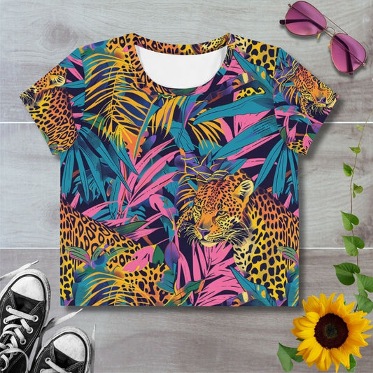 Women's all over print cropped t-shirt. Tigers in neon jungle, pink and blue foliage