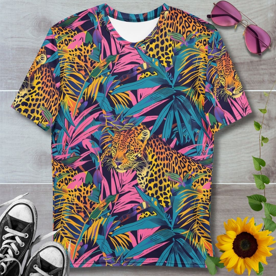 Men's all over print t-shirt. Tigers in a neon pink jungle