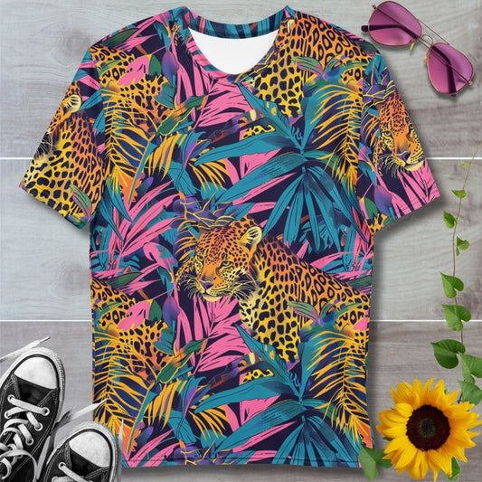 Men's all over print t-shirt. Tigers in a neon pink jungle