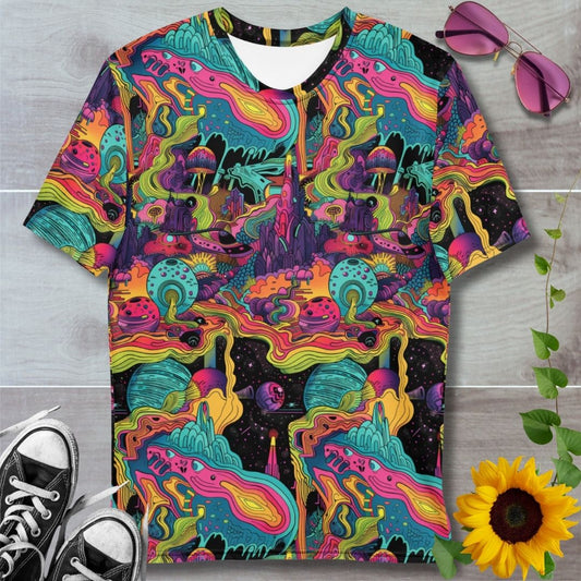 Men's all over print t-shirt. Psychedelic neon planet