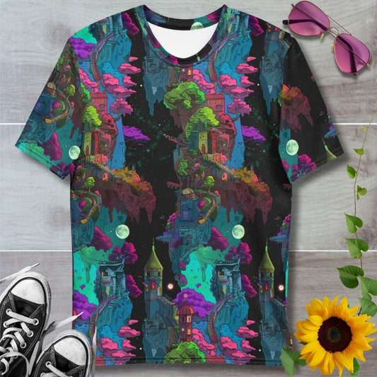 Men's all over print t-shirt. Dark fantasy tower at night