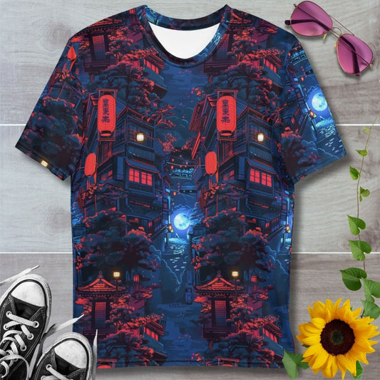 Men's all over print t-shirt. Blue and red Japanese buildings lit by the moon at night