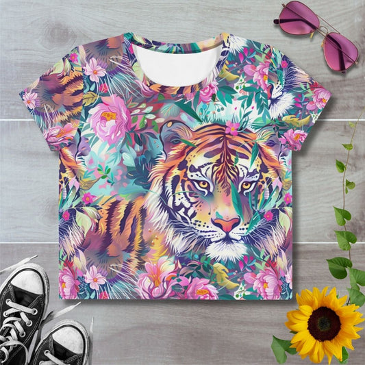 Women's all over print cropped t-shirt. Tiger amongst pink florals
